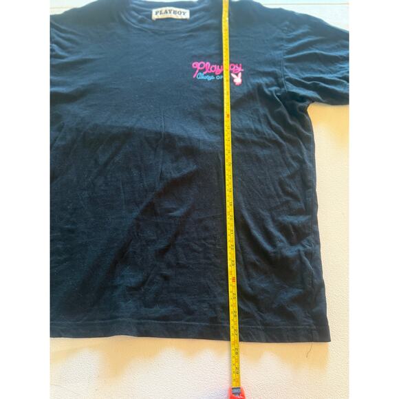 Playboy by PacSun Always Open Graphic Tee Sz M Black Neon Pink Blue Bunny Logo - Picture 5 of 6